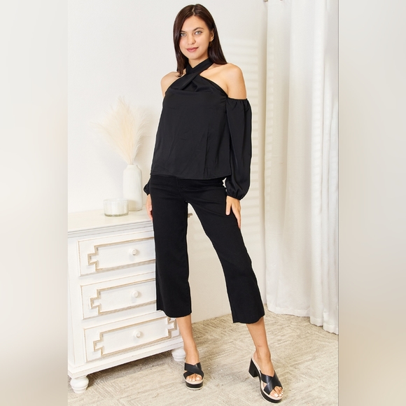 Double Take Designer Black Grecian Cold Shoulder Long Sleeve Blouse - Picture 4 of 5